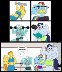 Size: 3440x4018 | Tagged: safe, artist:matchstickman, fleetfoot, rainbow dash, soarin', spitfire, anthro, g4, abs, armpits, biceps, big breasts, breasts, busty fleetfoot, busty rainbow dash, busty spitfire, cleavage, clothes, deltoids, dumbbell (object), fitfire, fleetflex, flexing, gym, midriff, muscles, partial nudity, pecs, rainbuff dash, size difference, soaripped, sports bra, sports shorts, topless, weight lifting, weights, wonderbolts
