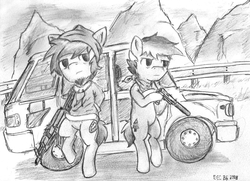 Size: 1635x1182 | Tagged: safe, artist:spackle, oc, oc only, oc:buck evergreen, oc:zone blitz, earth pony, pony, ak-104, ak-47, assault rifle, bandana, beanie, bipedal, bottomless, car, clothes, death road to canada, duo, facial hair, gun, handgun, hat, hoodie, hoof hold, m1911, male, monochrome, mountain, mountain range, outdoors, partial nudity, pistol, rifle, road, stallion, suppressor, traditional art, weapon, who needs trigger fingers