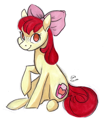 Size: 2400x2800 | Tagged: safe, artist:eeviart, apple bloom, earth pony, pony, g4, adorabloom, apple bloom's bow, bow, cute, female, filly, freckles, hair bow, high res, no pupils, simple background, sitting, solo, traditional art, white background