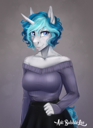 Size: 1857x2550 | Tagged: safe, artist:askbubblelee, oc, oc only, oc:bubble lee, unicorn, anthro, abstract background, adorasexy, anthro oc, beautiful, big breasts, blouse, blushing, breasts, clothes, curved horn, cute, eyelashes, female, freckles, horn, lips, looking at you, mare, neck freckles, ocbetes, off shoulder, off shoulder sweater, sexy, short hair, shoulder freckles, shoulderless, signature, skirt, smiling, solo, sweater, sweater puppies, wavy mane
