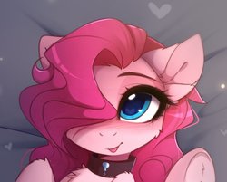 Size: 1008x812 | Tagged: safe, artist:magnaluna, pinkie pie, earth pony, pony, :p, bust, chest fluff, collar, colored pupils, cropped, cute, diapinkes, ear fluff, female, hair over one eye, heart, heart eyes, hoof fluff, mare, portrait, silly, smiling, solo, tongue out, underhoof, wingding eyes