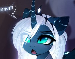 Size: 1200x944 | Tagged: safe, artist:magnaluna, princess luna, alicorn, pony, g4, alternate hair color, cheek fluff, crown, cute, dialogue, ear fluff, eye clipping through hair, fangs, female, horn, horn jewelry, jewelry, lunabetes, mare, one word, open mouth, regalia, slit pupils, solo, sparkly mane