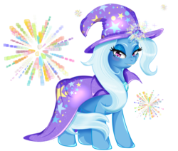 Size: 1024x869 | Tagged: safe, artist:sheepynick, trixie, pony, unicorn, g4, cape, clothes, female, fireworks, hat, looking at you, magic, mare, simple background, smiling, solo, transparent background, trixie's cape, trixie's hat
