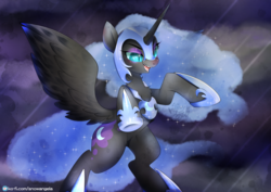Size: 1200x851 | Tagged: safe, artist:snow angel, nightmare moon, alicorn, pony, g4, female, helmet, hoof shoes, mare, night, rearing, smiling, solo