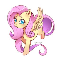 Size: 2000x2000 | Tagged: safe, artist:tentennz, fluttershy, pony, g4, cute, female, high res, shyabetes, signature, simple background, smiling, solo, spread wings, white background, wings