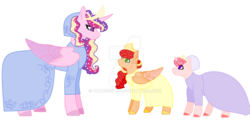 Size: 1280x630 | Tagged: safe, artist:duchessuru, princess cadance, oc, oc:crystal rose, oc:ruby aurora, alicorn, pegasus, pony, unicorn, g4, base used, clothes, colored hooves, concave belly, crown, deviantart watermark, dress, female, filly, jewelry, mother and child, obtrusive watermark, offspring, parent:big macintosh, parent:princess cadance, parents:cadmac, regalia, simple background, slender, thin, watermark, white background