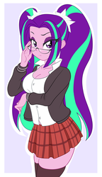 Size: 1035x1800 | Tagged: safe, artist:thebrokencog, aria blaze, equestria girls, rainbow rocks, adorkasexy, ariabetes, breasts, cleavage, clothes, cute, eye clipping through hair, female, glasses, looking at you, meganekko, nerd, pigtails, plaid skirt, pleated skirt, school uniform, schoolgirl, simple background, skirt, socks, solo, thigh highs, twintails, white background, zettai ryouiki
