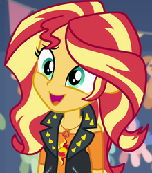 Size: 951x1080 | Tagged: safe, screencap, sunset shimmer, equestria girls, equestria girls specials, g4, my little pony equestria girls: better together, my little pony equestria girls: rollercoaster of friendship, cropped, cute, female, geode of empathy, head tilt, jewelry, magical geodes, necklace, shimmerbetes, smiling, solo