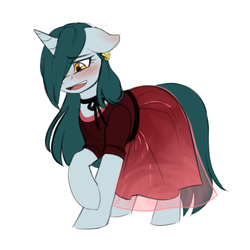 Size: 500x500 | Tagged: safe, artist:cosmalumi, oc, oc only, oc:bright eyes, pony, unicorn, blushing, clothes, dress, female, hair over one eye, looking down, mare, red dress, simple background, solo, white background