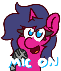 Size: 370x430 | Tagged: safe, artist:threetwotwo32232, oc, oc only, oc:fizzy pop, pony, unicorn, female, mare, microphone, solo, text