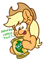 Size: 450x600 | Tagged: safe, artist:threetwotwo32232, applejack, earth pony, pony, g4, chips, dialogue, female, food, mare, solo