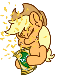 Size: 450x600 | Tagged: safe, artist:threetwotwo32232, applejack, earth pony, pony, g4, chips, female, food, mare, silly, silly pony, solo, who's a silly pony