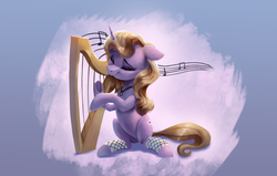 Size: 4000x2550 | Tagged: safe, artist:vanillaghosties, oc, oc only, oc:lilac atropina, pony, unicorn, clothes, eyes closed, female, harp, lyre, mare, musical instrument, smiling, socks, solo
