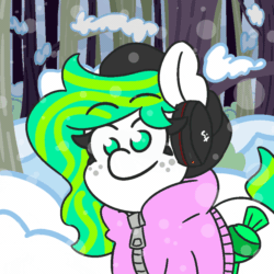 Size: 1000x1000 | Tagged: safe, artist:threetwotwo32232, oc, oc:mints, earth pony, pony, :p, animated, beanie, blinking, clothes, cute, earmuffs, female, gif, hat, hoodie, looking at you, mare, mlem, no pupils, ocbetes, silly, smiling, snow, solo, tongue out