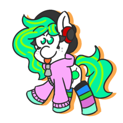 Size: 800x800 | Tagged: safe, artist:threetwotwo32232, oc, oc only, oc:mints, pony, clothes, female, mare, mlem, silly, simple background, socks, solo, striped socks, tongue out, transparent background