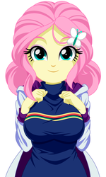 Size: 1072x1791 | Tagged: safe, artist:rosemile mulberry, fluttershy, butterfly, equestria girls, g4, big breasts, breasts, busty fluttershy, clothes, cute, doctor who, female, looking at you, simple background, smiling, solo, thirteenth doctor, white background