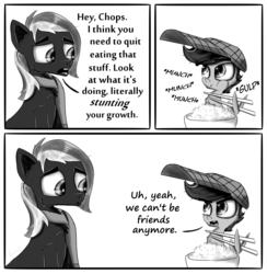 Size: 2000x2050 | Tagged: safe, artist:chopsticks, oc, oc only, oc:chopsticks, oc:vermont black, earth pony, pegasus, pony, addiction, annoyed, bowl, chopsticks, clothes, comic, dialogue, eating, food, funny, hat, high res, male, monochrome, rice, scarf, text, wing hands, wing hold, wings, worried