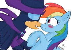 Size: 1024x715 | Tagged: safe, artist:kobato98, color edit, edit, applejack, mare do well, rainbow dash, earth pony, pegasus, pony, g4, blushing, boop, colored, duo, female, freckles, hat, lesbian, mask, nervous, nose to nose, nose wrinkle, noseboop, ship:appledash, shipping, smiling