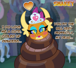 Size: 854x768 | Tagged: safe, artist:snakeythingy, smolder, snake, g4, what lies beneath, blushing, coiling, coils, dialogue, female, heart, kaa, kaa eyes, massage, mind control, princess smolder, story included