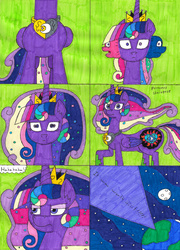 Size: 3044x4233 | Tagged: safe, artist:eternaljonathan, discord, oc, oc:princess cadence sparkle, oc:princess eclipse, oc:princess universe, alicorn, pony, comic:princess fusion, g4, annoyed, body horror, butt, commissioner:bigonionbean, confused, embarrassed, fusion, fusion:princess cadance, fusion:princess cadence sparkle, fusion:princess celestia, fusion:princess eclipse, fusion:twilight sparkle, magic, merge, merging, nervous, original character do not steal, plot, royalty, tail, the ass was fat, writer:bigonionbean