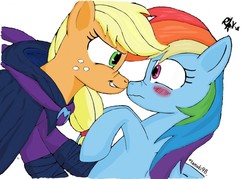 Size: 1024x732 | Tagged: safe, artist:kobato98, color edit, edit, applejack, mare do well, rainbow dash, earth pony, pegasus, pony, g4, blushing, boop, colored, duo, eye contact, female, freckles, lesbian, looking at each other, nervous, nose to nose, nose wrinkle, noseboop, ship:appledash, shipping, smiling, unmasked