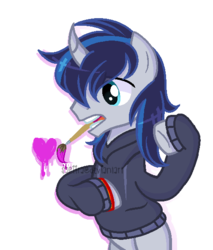 Size: 504x592 | Tagged: safe, artist:sapiira, oc, oc only, oc:jayce, pony, unicorn, clothes, hoodie, male, mouth hold, paintbrush, simple background, solo, stallion, transparent background