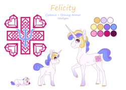 Size: 3500x2500 | Tagged: safe, artist:jackiebloom, oc, oc only, oc:felicity, pony, unicorn, agender, ambiguous gender, baby, baby pony, colored hooves, foal, high res, offspring, parent:princess cadance, parent:shining armor, parents:shiningcadance, raised hoof, reference sheet, solo