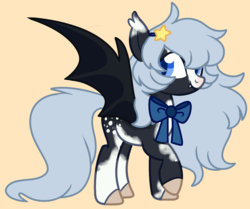 Size: 1530x1280 | Tagged: safe, artist:unicorn-mutual, oc, oc only, oc:moonlight kiss, bat pony, pony, female, mare, neck bow, orange background, simple background, solo, yellow background