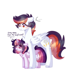 Size: 2607x2607 | Tagged: safe, artist:moon-rose-rosie, oc, oc only, oc:celestial moon, oc:shining ray, alicorn, pegasus, pony, duo, female, high res, magical lesbian spawn, male, mare, offspring, parent:rainbow dash, parent:soarin', parent:spitfire, parent:twilight sparkle, parents:soarinfire, parents:twidash, simple background, size difference, stallion, transparent background