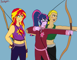 Size: 825x637 | Tagged: safe, artist:jeddy017-vz, sci-twi, sunset shimmer, twilight sparkle, equestria girls, g4, archery, arrow, artemis crock, belly button, bow (weapon), bow and arrow, clothes, crossover, midriff, sweat, tank top, weapon, young justice