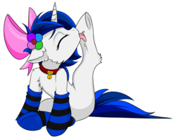 Size: 3640x2872 | Tagged: safe, artist:kxttponies, oc, oc only, oc:midnight sapphire, pony, unicorn, behaving like a cat, bow, clothes, collar, female, hair bow, high res, licking, mare, simple background, socks, solo, striped socks, tongue out, transparent background