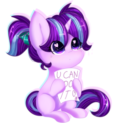Size: 1024x1073 | Tagged: safe, artist:fleetyarrowdraw, starlight glimmer, pony, unicorn, cute, female, filly, filly starlight glimmer, glimmerbetes, heart eyes, message, pigtails, positive ponies, sitting, solo, wingding eyes, younger