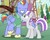 Size: 713x569 | Tagged: safe, bow hothoof, twilight velvet, pegasus, pony, unicorn, g4, duo, female, five o'clock shadow, fountain, hug, male, ponyville, winghug