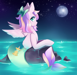 Size: 1615x1592 | Tagged: safe, artist:unluckypaw, oc, oc only, oc:iridescent flings, mermaid, pegasus, pony, bow, cute, female, hair bow, looking at you, mare, moon, night, smiling, solo, stars, water, ych result
