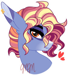 Size: 1420x1564 | Tagged: safe, artist:missbramblemele, oc, oc only, oc:belle velour, mule, pony, pandoraverse, bust, genderfluid, heart, long ears, magical threesome spawn, multiple parents, next generation, nonbinary, offspring, parent:hoity toity, parent:sassy saddles, parent:whoa nelly, portrait, simple background, solo, sparkly eyes, white background, wingding eyes