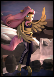 Size: 3300x4660 | Tagged: safe, artist:imafutureguitarhero, fluttershy, pegasus, anthro, unguligrade anthro, g4, 3d, adidas, black underwear, border, bra, chromatic aberration, clothes, colored eyebrows, female, film grain, freckles, headband, high res, looking down, mare, nose wrinkle, open mouth, pants, reflection, ripples, river, rock, shoulder freckles, signature, smiling, solo, source filmmaker, sports bra, standing in water, stream, underwear, water, windswept mane, windswept tail, yoga pants