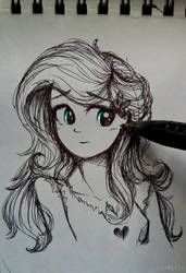 Size: 740x1079 | Tagged: safe, artist:liaaqila, fluttershy, human, g4, bust, female, humanized, looking sideways, monochrome, partial color, portrait, sketch, solo, traditional art