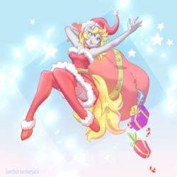 Size: 3009x3009 | Tagged: safe, artist:fukudka, oc, oc only, oc:rafale, anthro, anthro oc, armpits, bag, christmas, clothes, costume, hat, high res, holiday, open mouth, present, santa costume, santa hat, socks, solo, stars, thigh highs, ych result