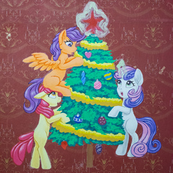 Size: 2000x2000 | Tagged: safe, artist:roadsleadme, apple bloom, scootaloo, sweetie belle, earth pony, pegasus, pony, unicorn, g4, 2019, christmas, christmas tree, cutie mark crusaders, happy new year, high res, holiday, magic, open mouth, tree