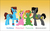 Size: 3606x2201 | Tagged: safe, artist:miipack603, oc, oc only, oc:emily flutterheart, oc:jacob braveheart, oc:jenna flashstrike, oc:john darkblaze, pegasus, pony, unicorn, amputee, artificial wings, augmented, cutie mark, determined, excited, female, flat colors, folded wings, happy, high res, male, mare, mechanical wing, no shading, prosthetic limb, prosthetic wing, prosthetics, shy, simple background, sitting, smiling, stallion, standing, text, wing brace, wings, wristband