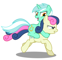 Size: 4100x4000 | Tagged: safe, artist:mundschenk85, bon bon, lyra heartstrings, sweetie drops, earth pony, pony, unicorn, comic:all in good fun, g4, absurd resolution, duo, female, lyra riding bon bon, mare, open mouth, ponies riding ponies, riding, running, ship:lyrabon, shipping, show accurate, simple background, transparent background, vector
