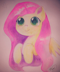 Size: 2554x3072 | Tagged: safe, artist:whiskyice, fluttershy, pegasus, pony, g4, bust, cute, female, high res, mare, portrait, shyabetes, smiling, solo, three quarter view, traditional art, wings