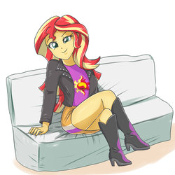 Size: 2449x2449 | Tagged: safe, artist:sumin6301, sunset shimmer, equestria girls, g4, boots, clothes, couch, crossed legs, female, high heel boots, high res, jacket, leather, leather jacket, legs, lidded eyes, looking at you, miniskirt, raised eyebrow, shoes, simple background, sitting, skirt, smiling, smirk, solo, stupid sexy sunset shimmer, sunset shimmer's, thighs, white background