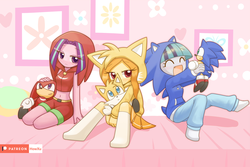 Size: 1500x1000 | Tagged: safe, artist:howxu, adagio dazzle, aria blaze, sonata dusk, equestria girls, g4, adoragio, ariabetes, belly button, blushing, clothes, costume, crossover, cute, eyes closed, female, hoodie, howxu is trying to murder us, kigurumi, knuckles the echidna, male, midriff, miles "tails" prower, open mouth, plushie, sega, shorts, skirt, socks, sonatabetes, sonic the hedgehog, sonic the hedgehog (series), the dazzlings, toy, trio, upskirt denied, weapons-grade cute
