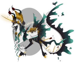 Size: 1280x1078 | Tagged: safe, artist:niniibear, oc, oc only, demon, pony, unicorn, adoptable, auction, cute, gold, green, horns, northling, solo
