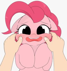 Size: 960x1010 | Tagged: safe, artist:manachaaaaaaaa, pinkie pie, earth pony, human, pony, g4, blushing, cheek pinch, cute, diapinkes, female, floppy ears, hooves to the chest, looking at you, mare, offscreen character, open mouth, pov, simple background, white background