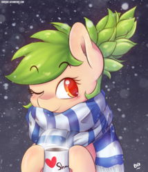 Size: 1800x2100 | Tagged: safe, artist:tikrs007, oc, oc only, oc:green cracker, earth pony, pony, chocolate, clothes, eyebrows, eyebrows visible through hair, female, food, hot chocolate, hot drink in cold weather, looking at you, mare, mug, one eye closed, scarf, smiling, snow, snowfall, solo, striped scarf, winter