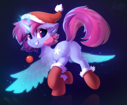 Size: 2238x1844 | Tagged: safe, alternate version, artist:hioshiru, oc, oc only, oc:stellar wind, pony, unicorn, artificial wings, augmented, boots, butt, chest fluff, christmas, christmas ornament, clothes, decoration, dock, ear fluff, ear piercing, eyes open, featureless crotch, female, fluffy, hat, holiday, horn, looking at you, looking back, looking back at you, magic, magic wings, magical lesbian spawn, mare, offspring, parent:rainbow dash, parent:twilight sparkle, parents:twidash, piercing, plot, raffle prize, raised tail, santa hat, shoes, smiling, solo, sparkles, tail, unicorn oc, wings