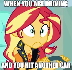 Size: 518x500 | Tagged: safe, edit, edited screencap, screencap, sunset shimmer, driving miss shimmer, driving miss shimmer: fluttershy, equestria girls, g4, my little pony equestria girls: better together, clothes, female, jacket, meme, text