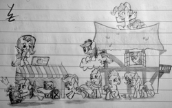 Size: 3648x2284 | Tagged: safe, artist:wyezee, applejack, berry punch, berryshine, big macintosh, derpy hooves, doctor whooves, fluttershy, pinkie pie, rainbow dash, time turner, twilight sparkle, g4, black and white, grayscale, high res, lined paper, monochrome, ponyville, sketch, traditional art